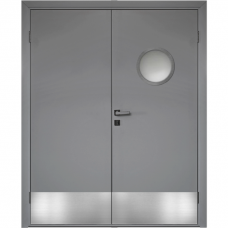 Влагостойкая дверь ПВХ Etadoor ДГ Серый RAL 7001 двустворчатая с иллюминатором и отбойными пластинами